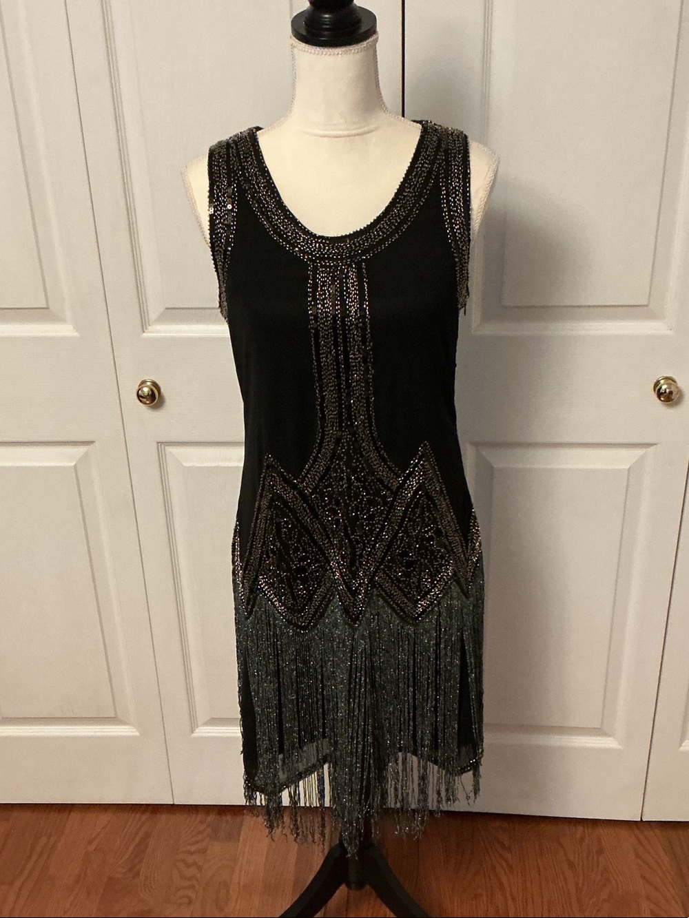 Black Beaded Fringe Sleeveless Dress